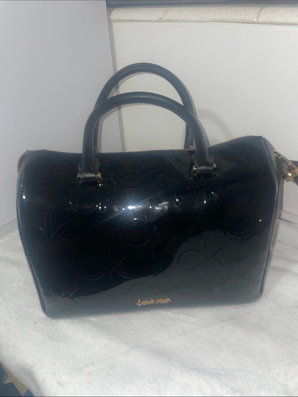 Calvin Klein Glossy Black Patent Satchel with Gold Hardware
